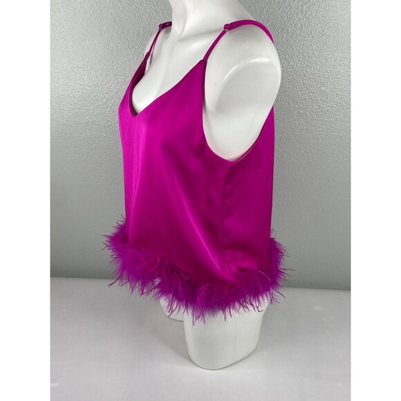 eesome Women Medium Bright Pink Camisole Top Feather Trim Sexy NWT - Picture 4 of 9